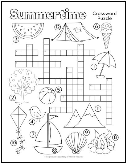 Summertime Crossword Puzzle For Kids Print It Free
