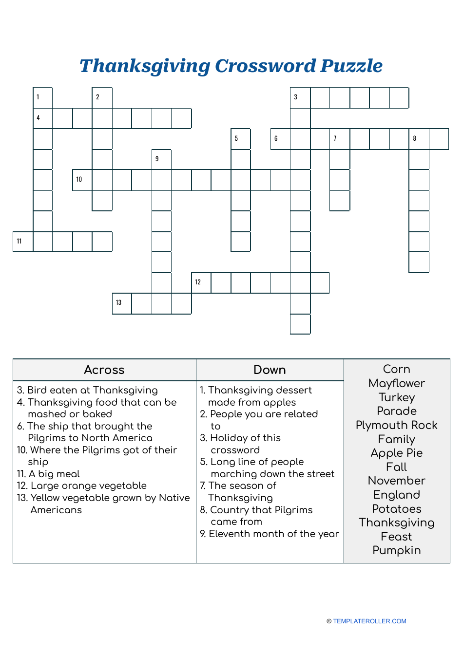 Thanksgiving Crossword Puzzle With Answers Download Printable PDF 