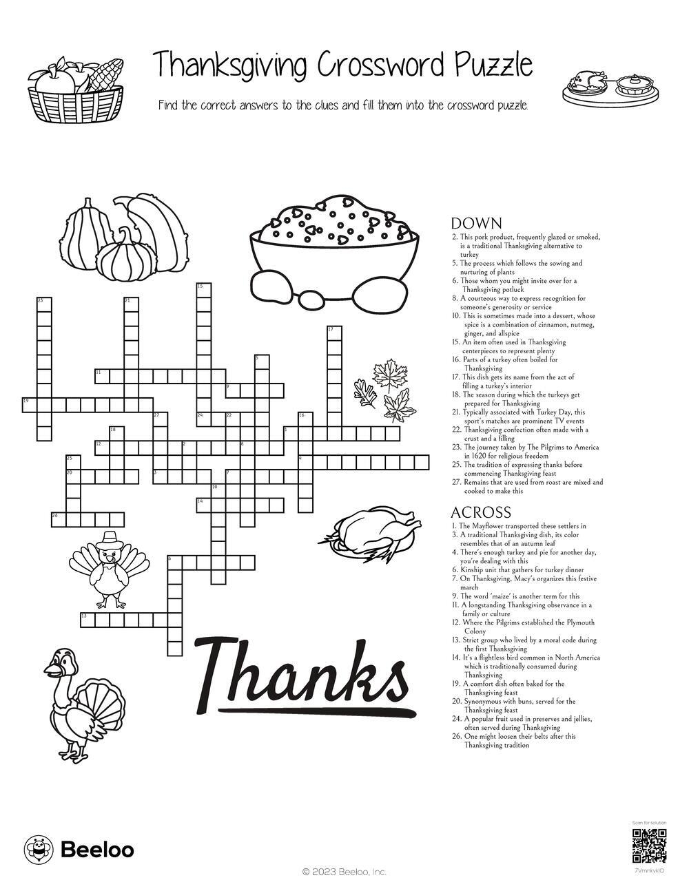 Thanksgiving themed Crossword Puzzles Beeloo Printable Crafts And 