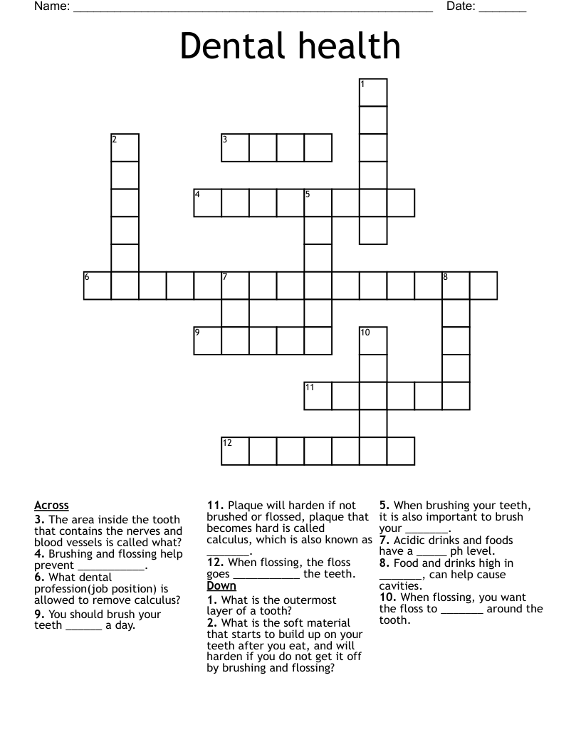 Tooth Care Organization Crossword Puzzle Prntbl 