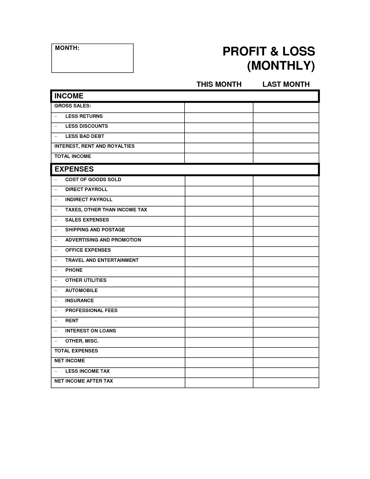 12 Best Images Of Personal Profit And Loss Worksheet Financial 