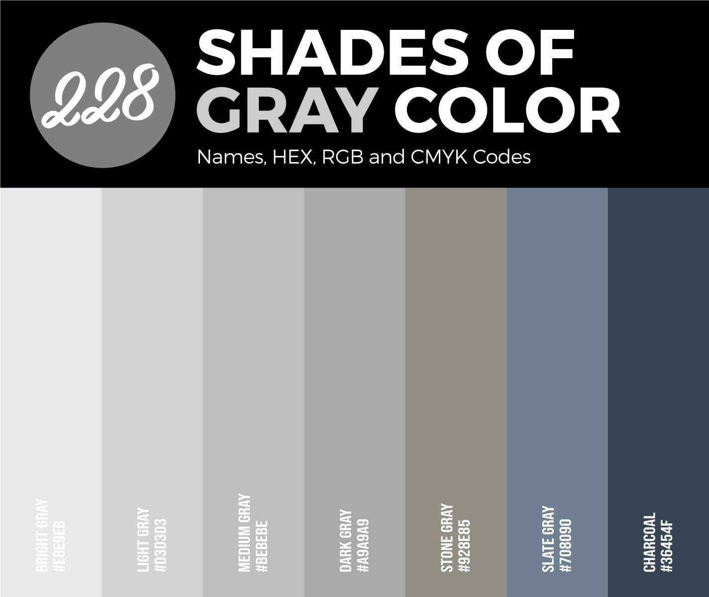 228 Shades Of Gray Color Names HEX RGB CMYK Codes
