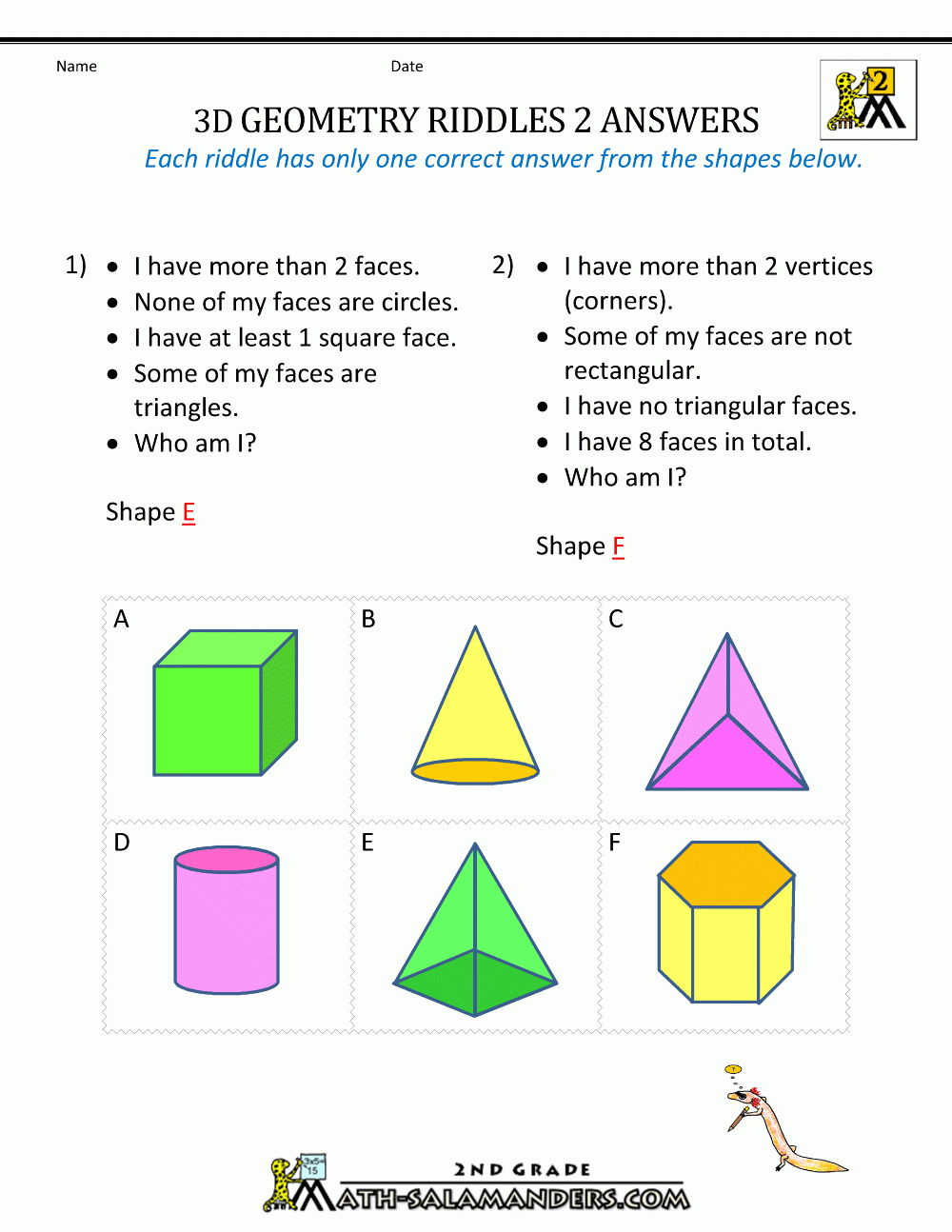 3d Shapes Worksheets 2nd Grade ShapesWorksheets