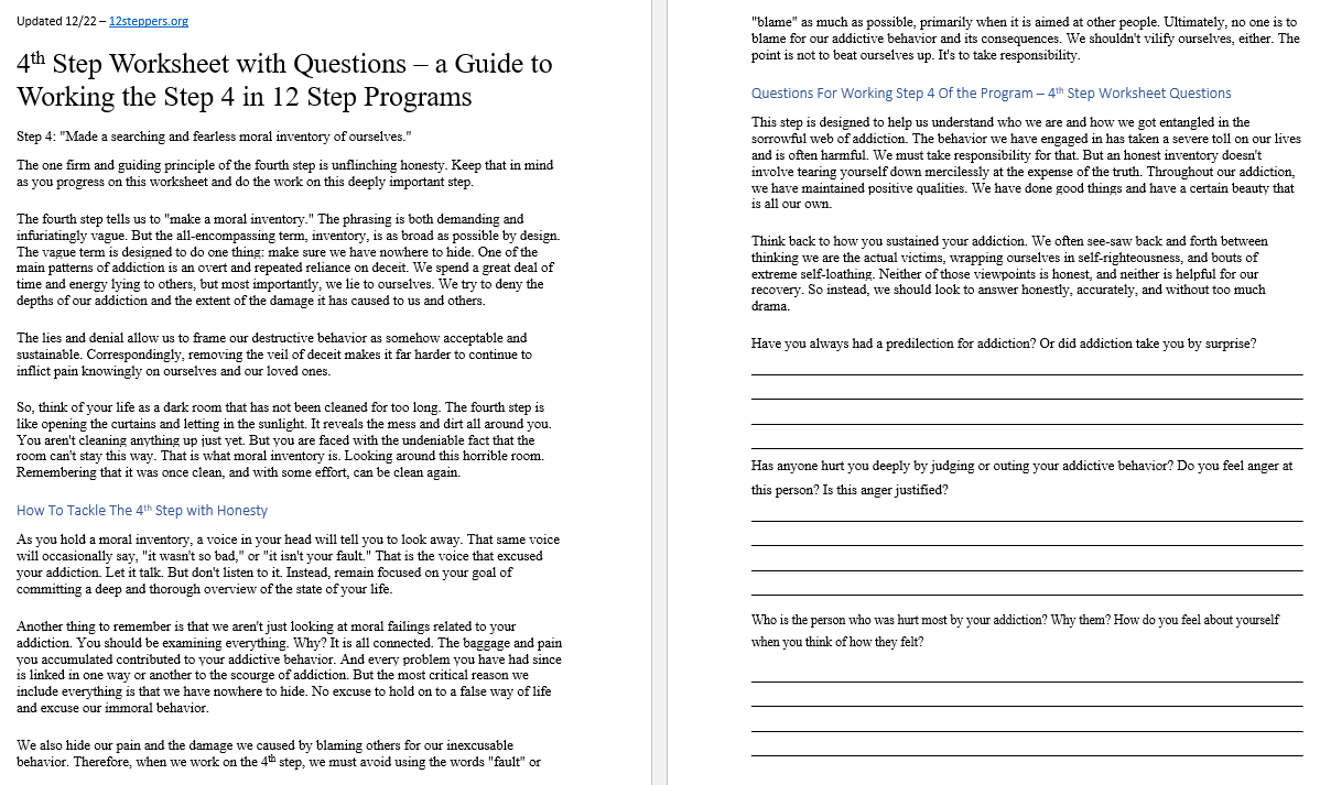 4th Step Worksheet With Questions Free PDF Download Print 