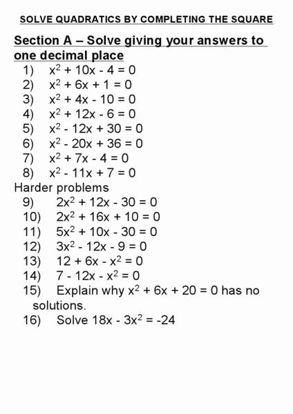 50 Completing The Square Worksheet