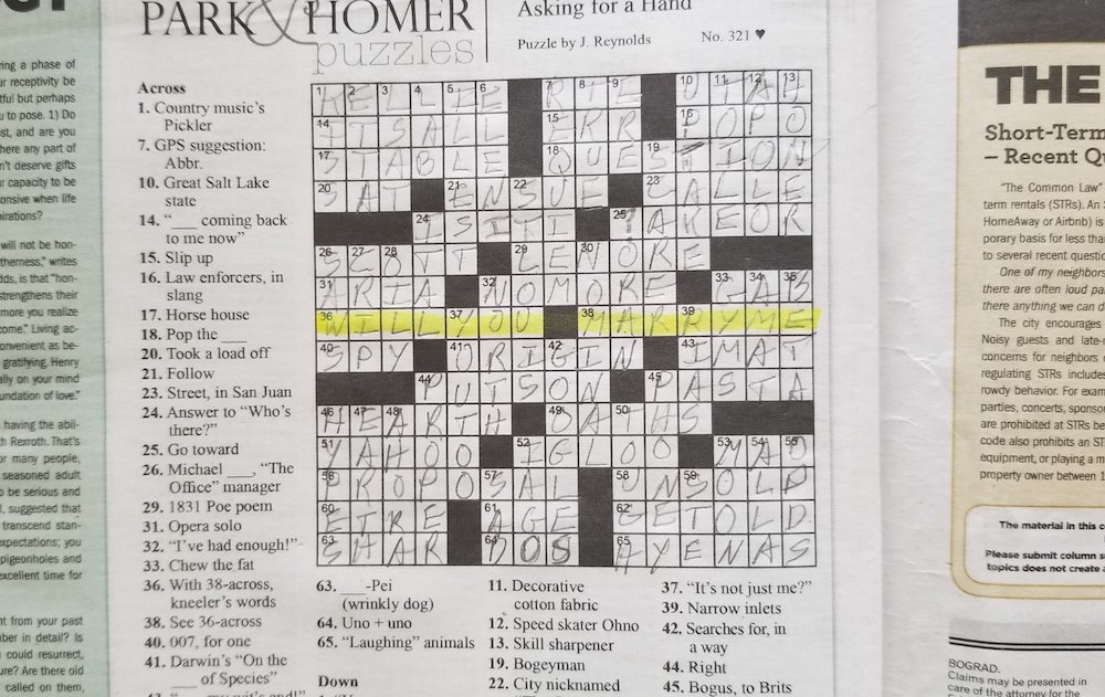 A Proposal In Our Pages The Crossword To Be Exact Here s The Down And 