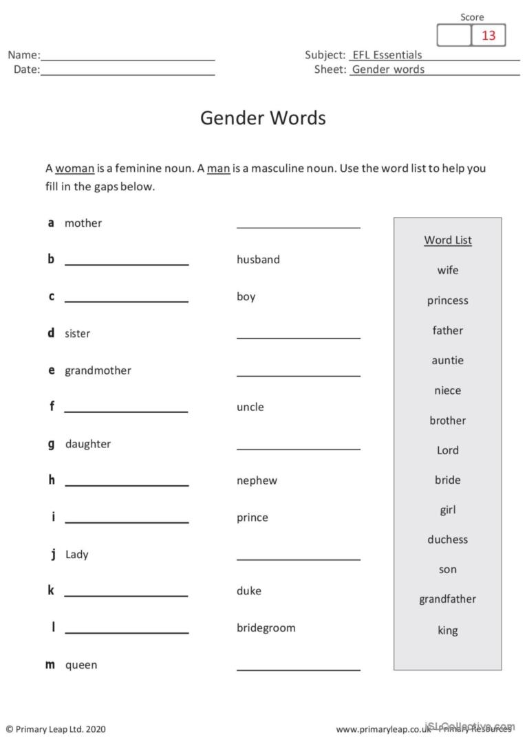 A Worksheet About The Gender Of Nouns Grammar Worksheets Nouns Gender 