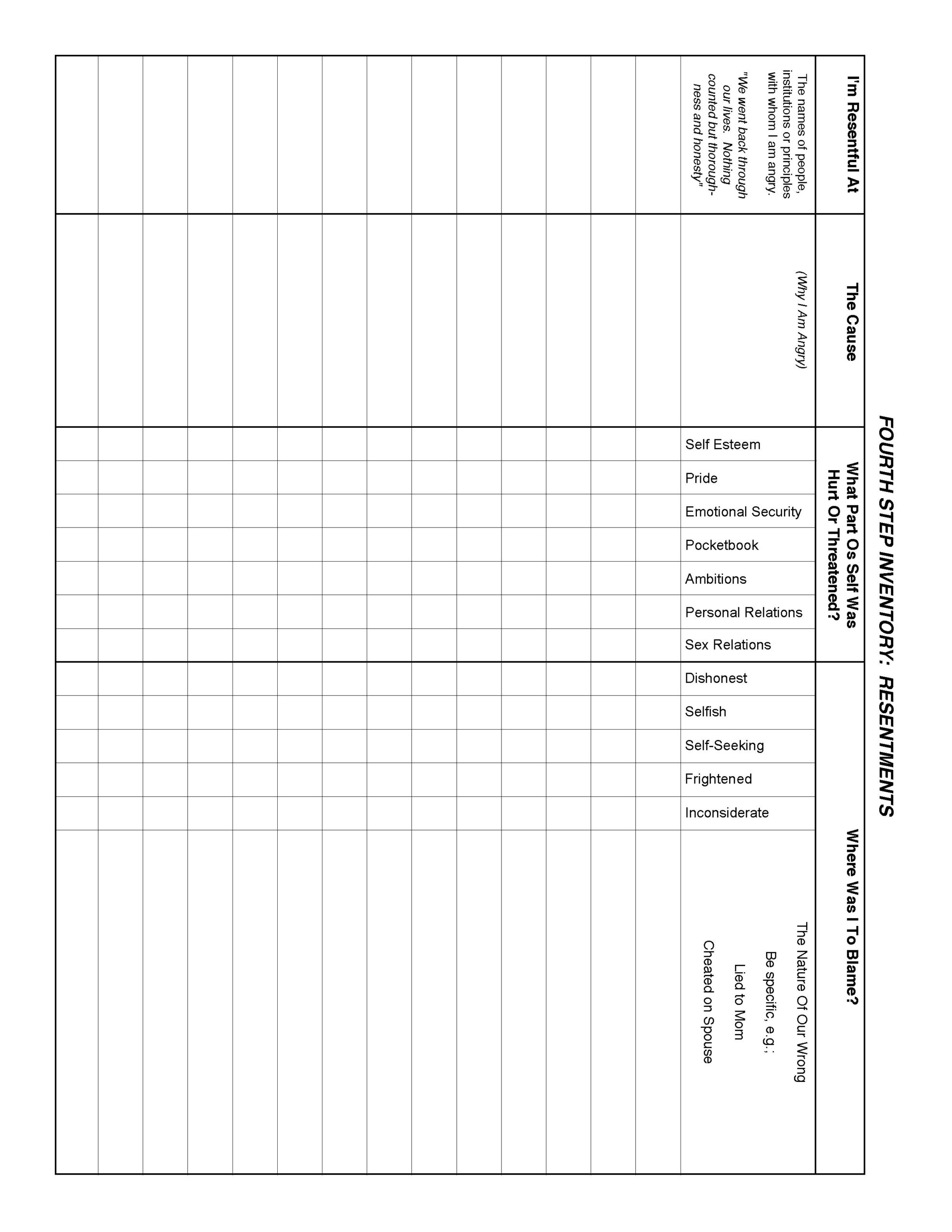 AA Step 4 Worksheet Inventory Guide Excel Sheet Sober Speak 