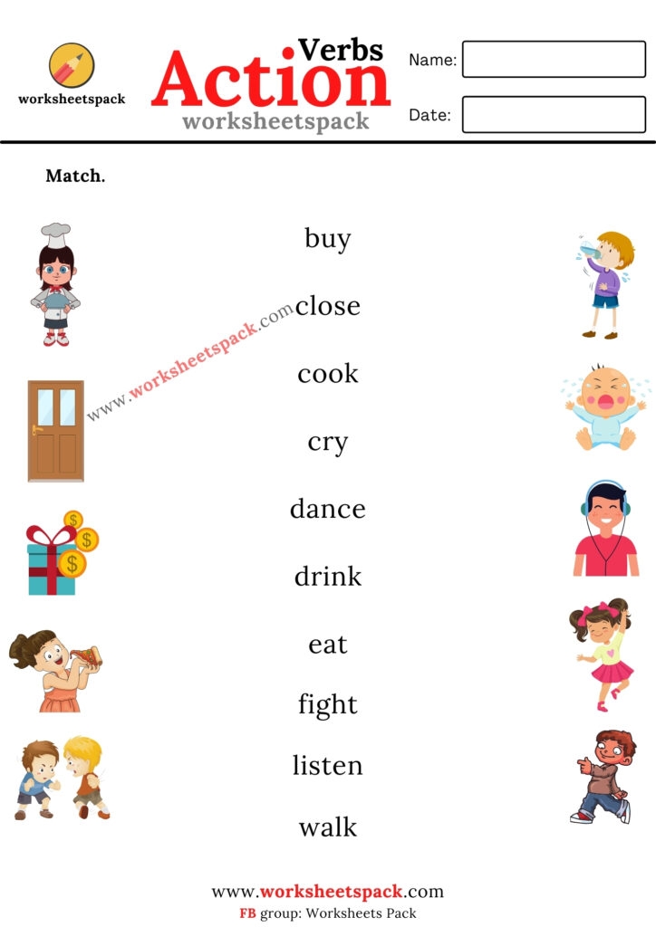Action Verbs Matching Worksheets Pdf Worksheetspack Worksheets Library