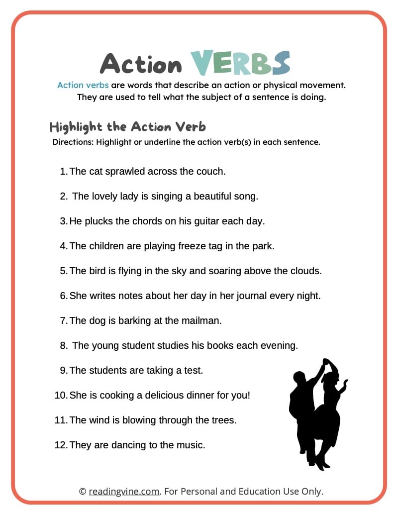 Action Verbs Worksheets Definition Examples ReadingVine 
