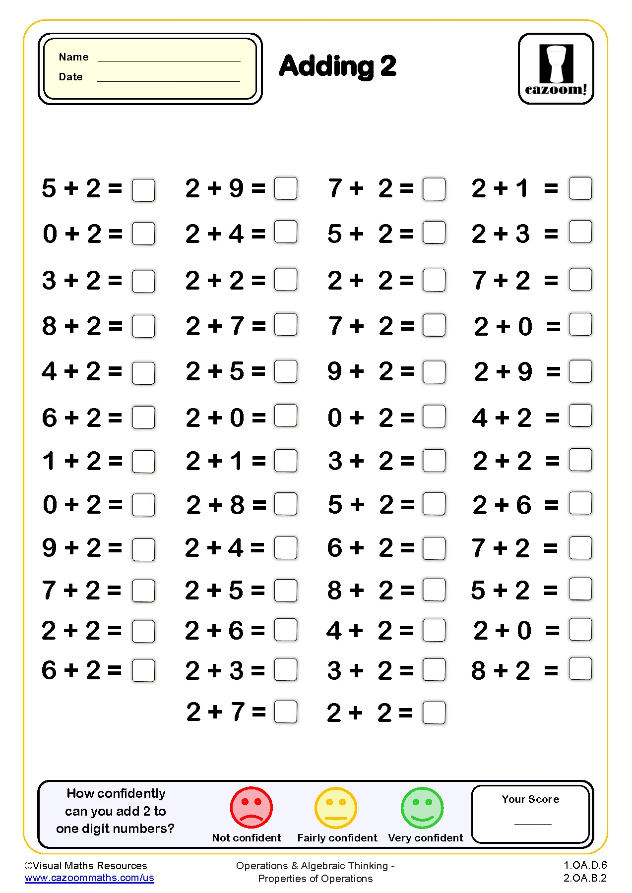 Adding 2 Drills Worksheet 50 Questions Grade 1 PDF Addition 
