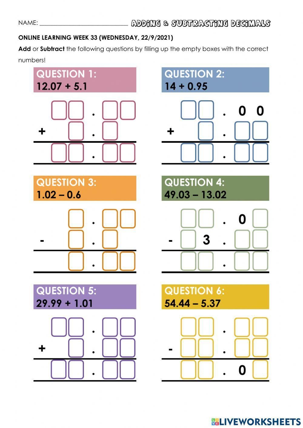 Adding And Subtracting Decimals Worksheet Download Worksheets Library