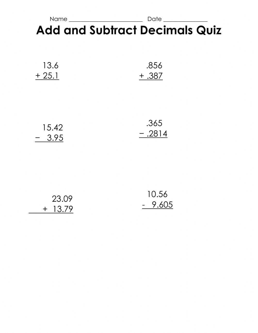Adding And Subtracting Decimals Worksheet PDF Printable Worksheet 
