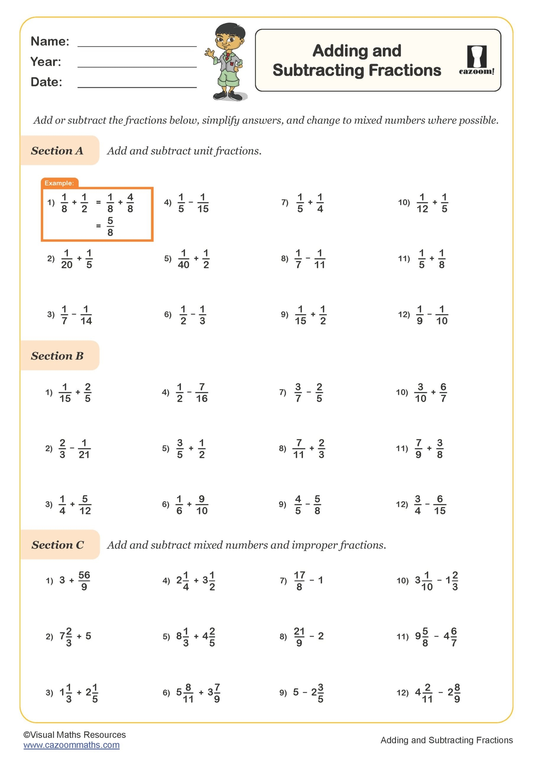 Adding And Subtracting Fractions Worksheets Grade 7 Free Worksheets 