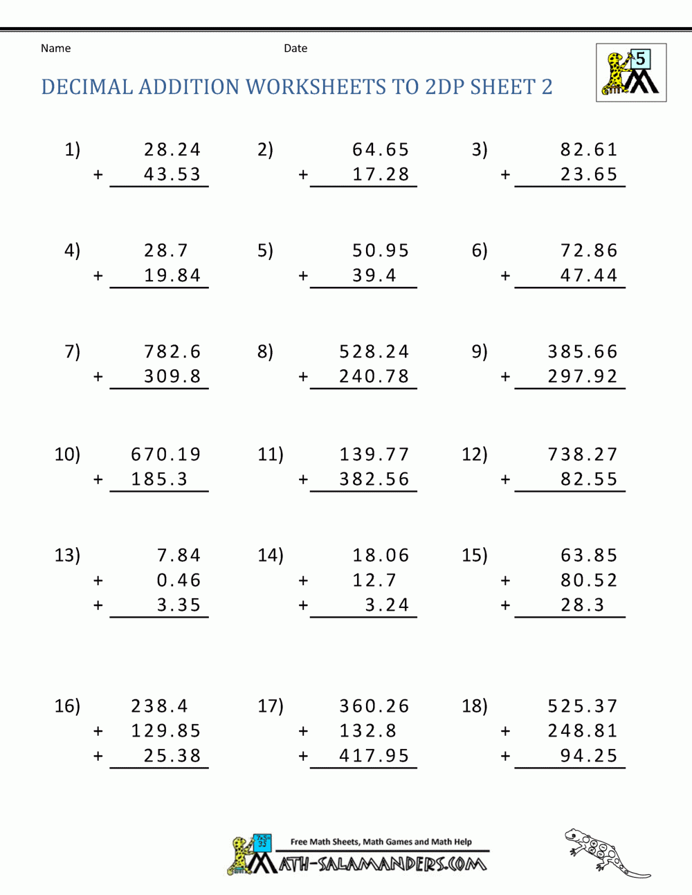 Adding Decimals Worksheet 5th Grade