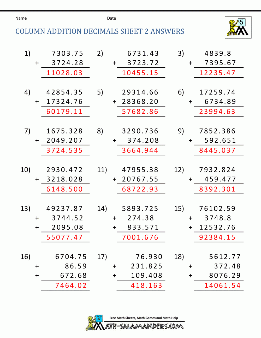 Adding Decimals Worksheet 5th Grade