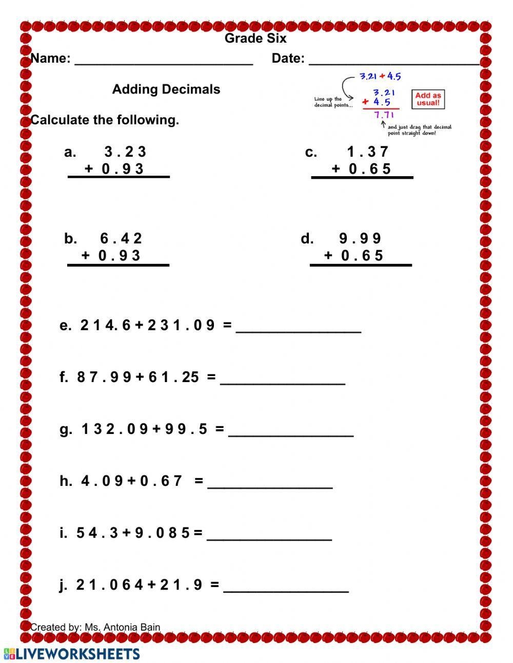 Adding Decimals Worksheet Live Worksheets Worksheets Library
