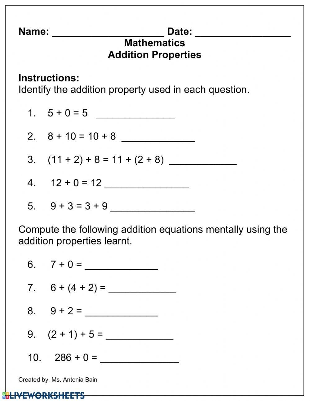Addition And Properties Of Addition Worksheet Live Worksheets 