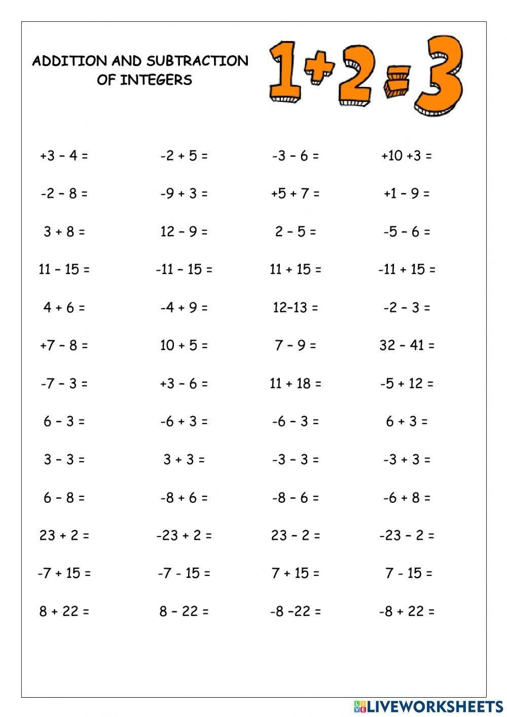 Addition And Subtraction Of Integers Interactive Worksheet Live 