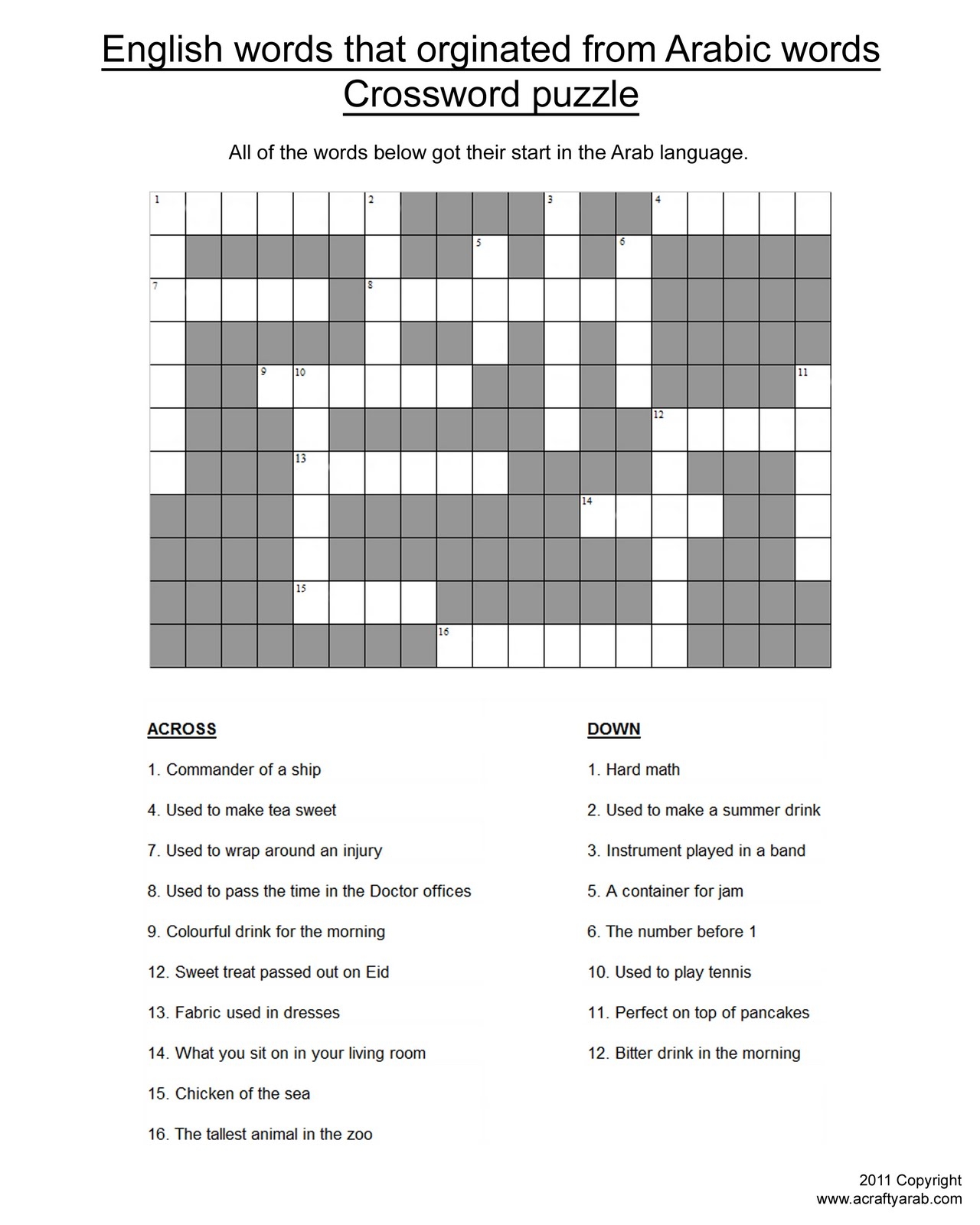 Arabic Word Origins Crossword Puzzle Printable A Crafty Arab