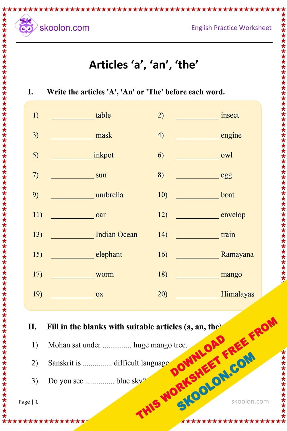 Articles A An The 1 Skoolon Worksheets Library