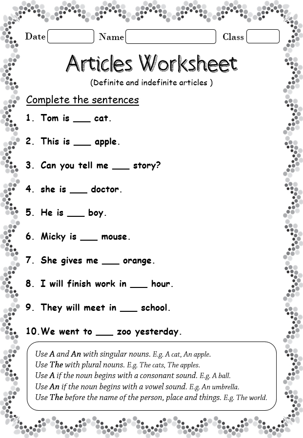 Articles worksheet Your Home Teacher