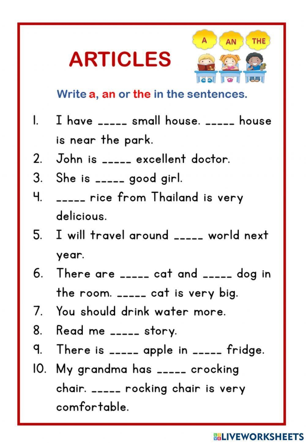 Articles Worksheets A An And The K5 Learning Worksheets Library