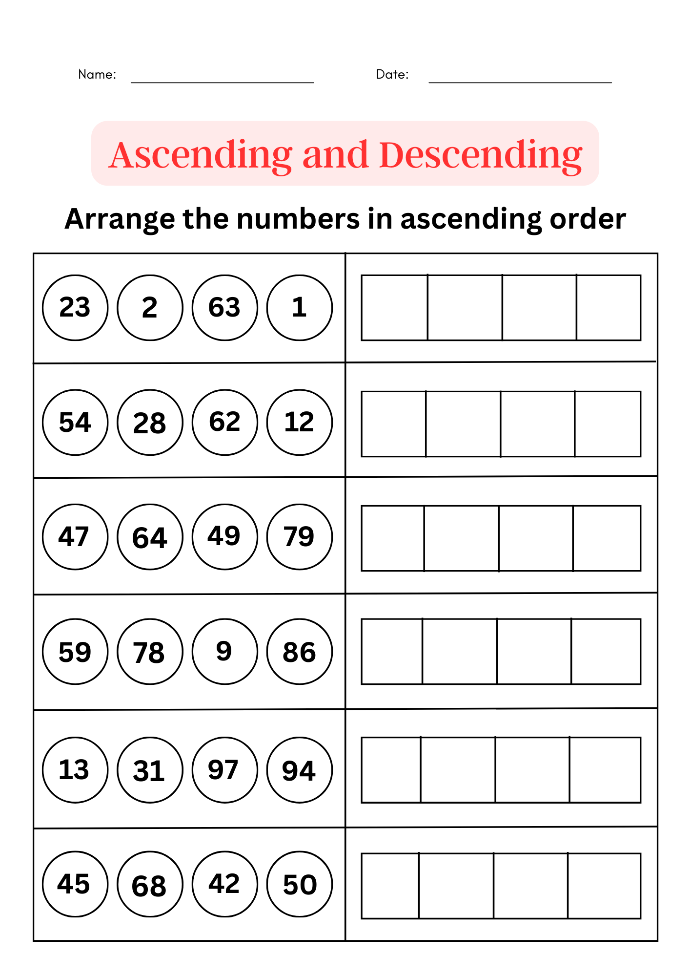 Ascending And Descending Order Worksheet 1 To 100 Ordering Numbers 