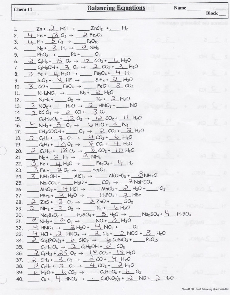 Balancing Chemical Equations Worksheet Answer Key Db excel