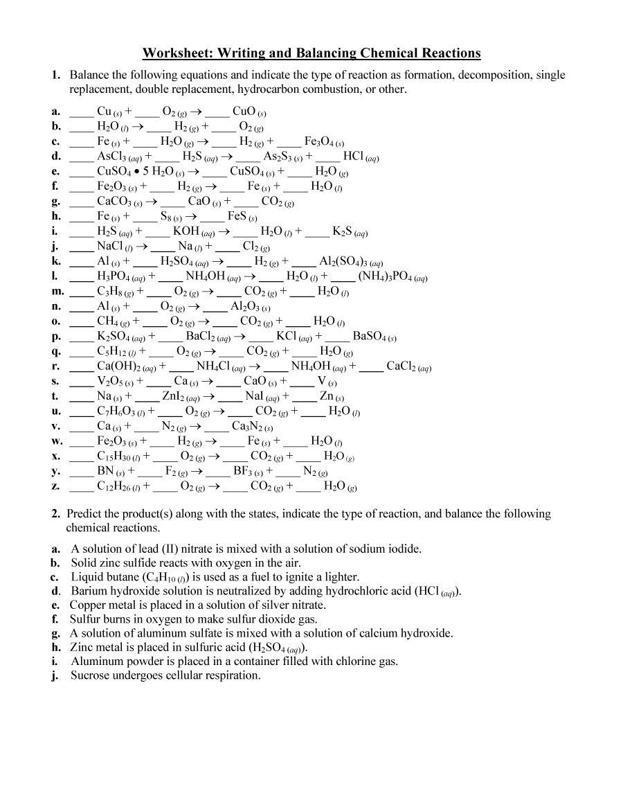 Balancing Chemical Reactions Worksheet 1 Answers Kamberlawgroup
