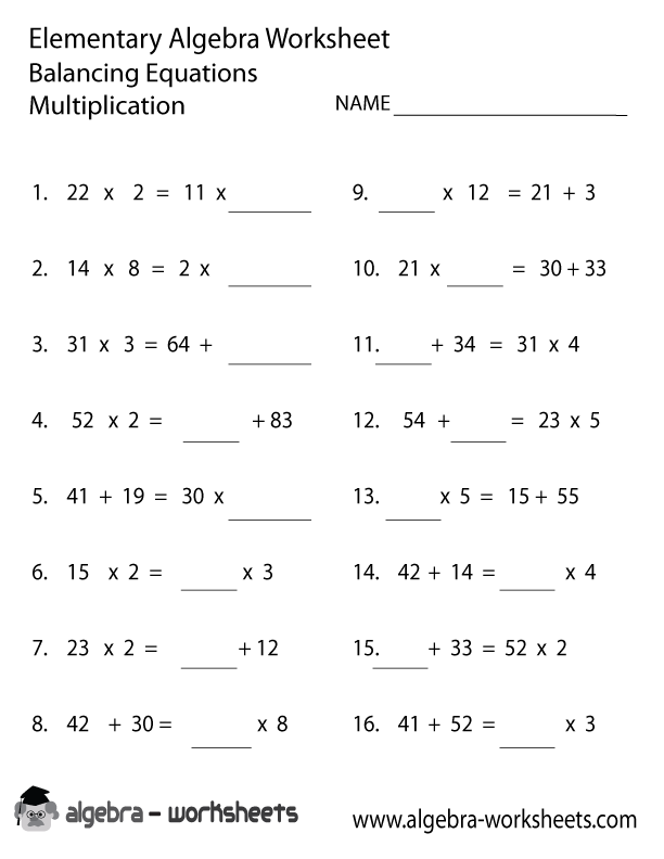 Balancing Equations Elementary Algebra Worksheet Printable