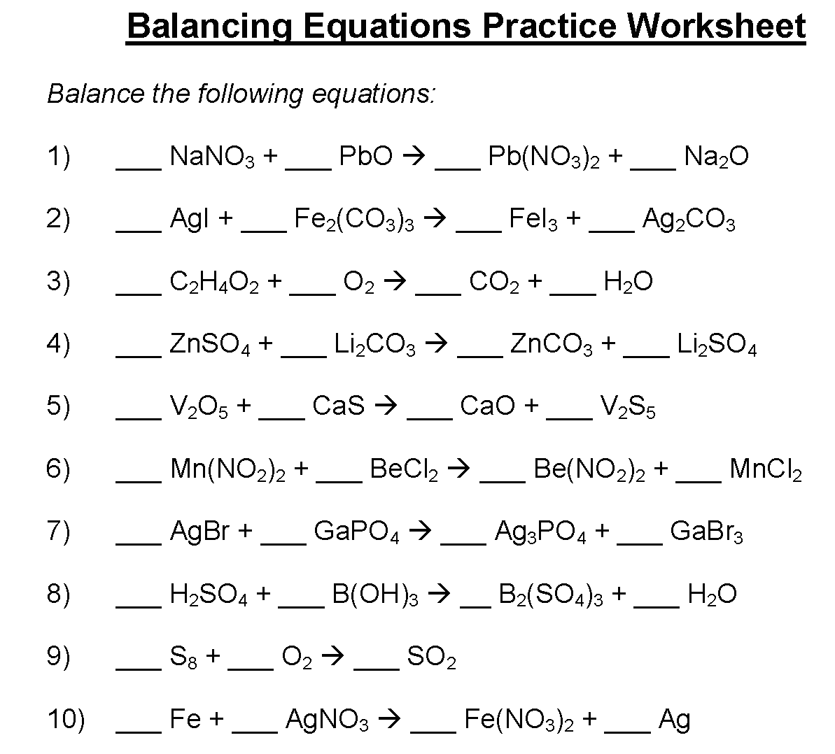 Balancing equations practice worksheet WikiDownload WikiDownload