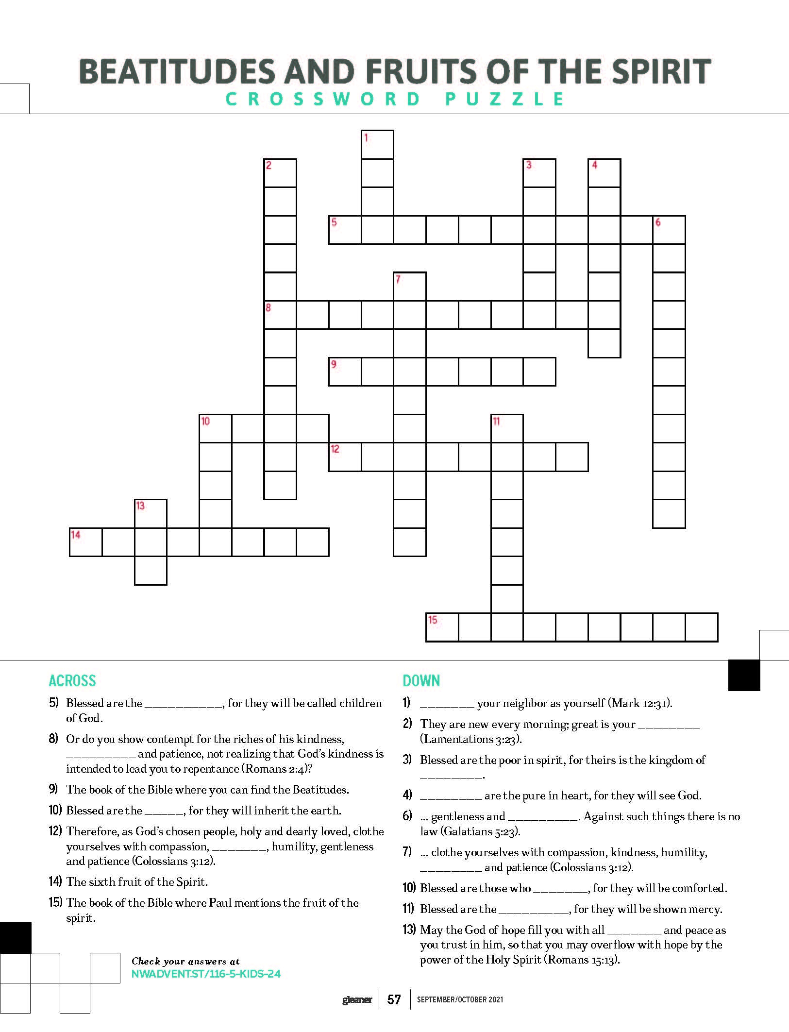 Beatitudes And Fruits Of The Spirit Crossword Puzzle Just For Kids 