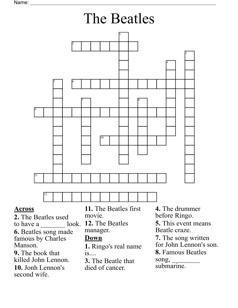 Beatles Crossword Puzzles Printable Printable Word Searches