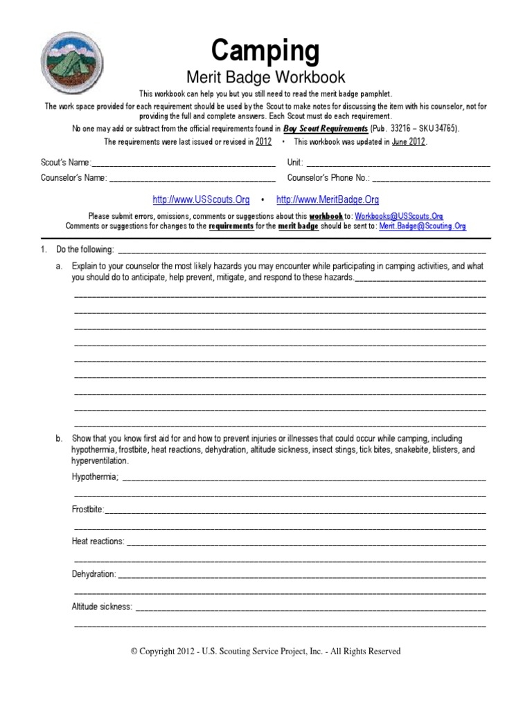 Camping Merit Badge Workbook PDF Boy Scouts Of America Camping 