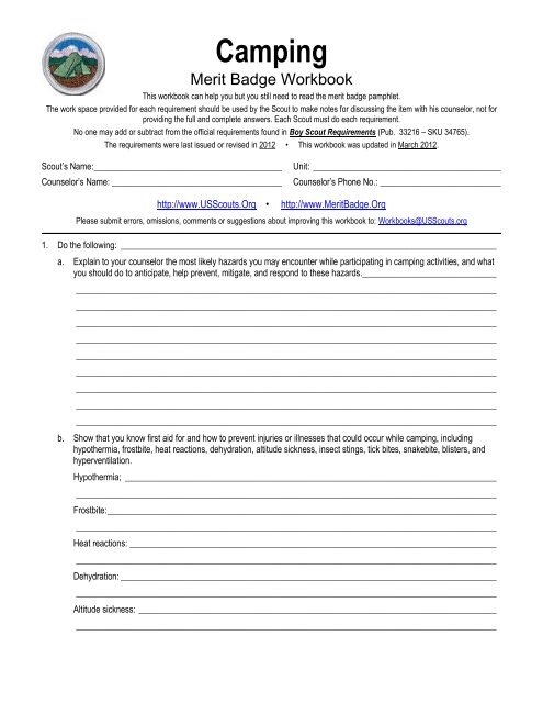 Camping Merit Badge Worksheets Library