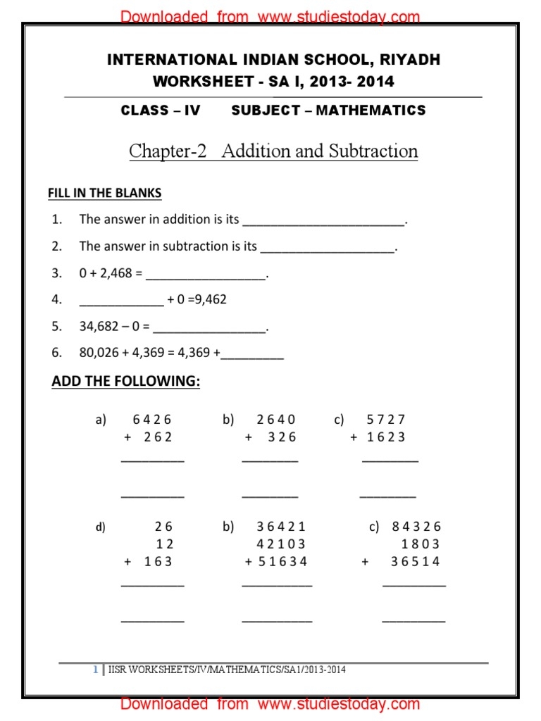 CBSE Class 4 Maths Revision Worksheet 159 Addition And 