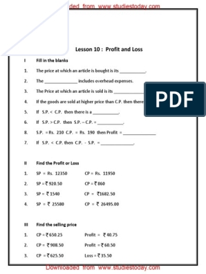 CBSE Class 5 Mathematics Worksheet Profit And Loss PDF Worksheets 