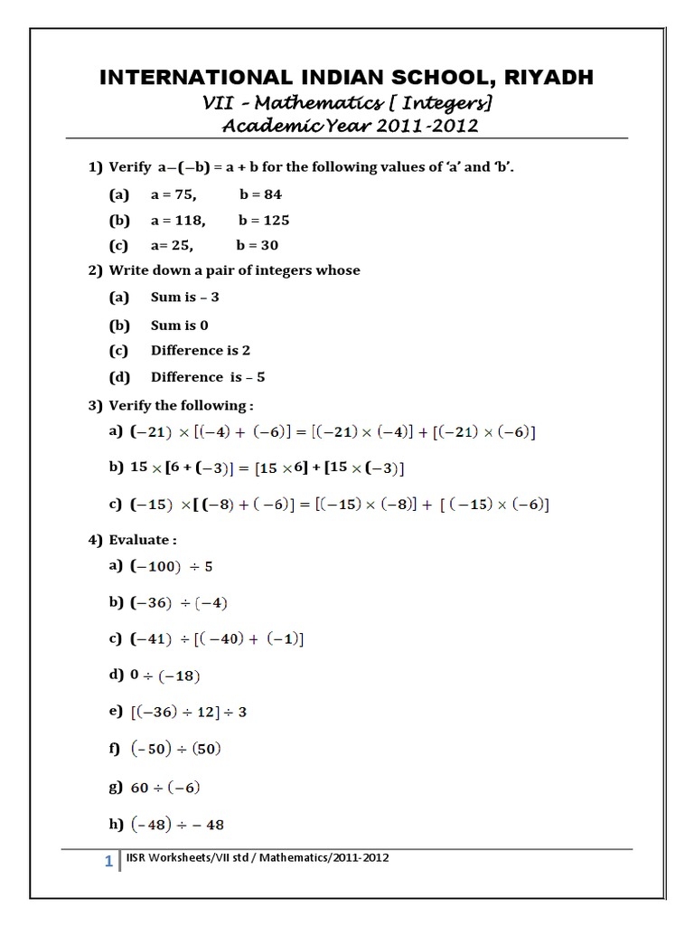 CBSE Class 7 Maths Worksheet Integers PDF Teaching