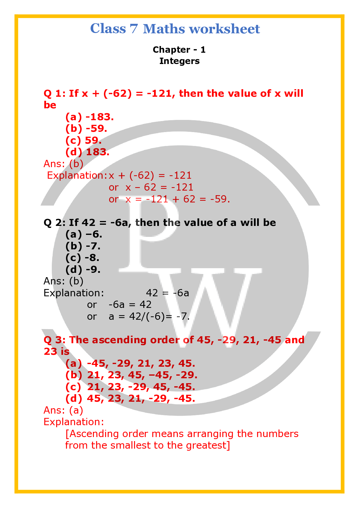 CBSE Worksheet For Class 7 Maths Chapter 1 Integers PW