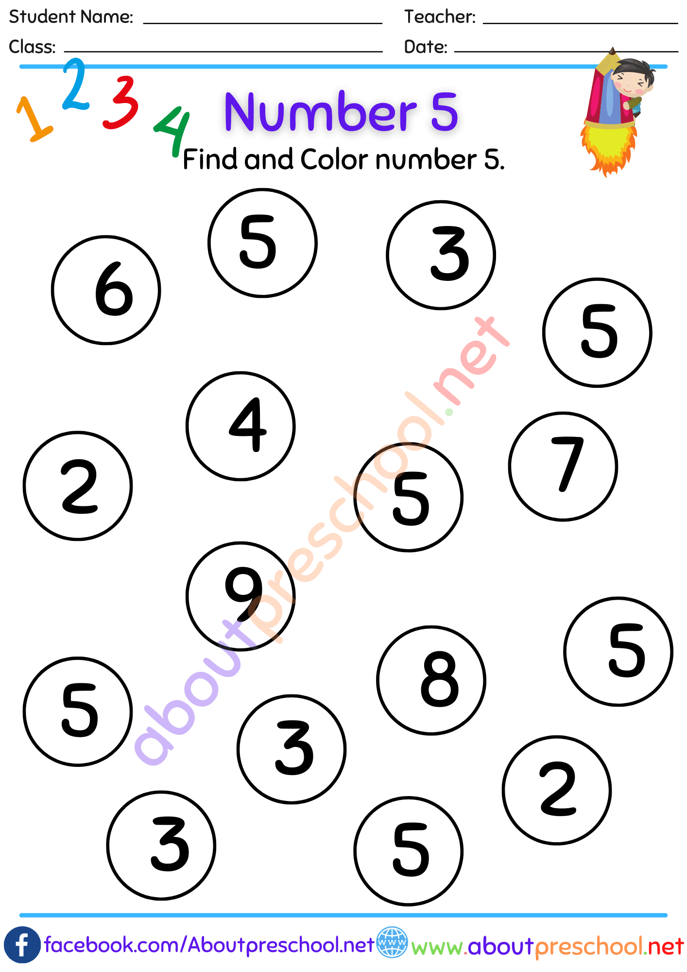 Color Number 5 Worksheet About Preschool