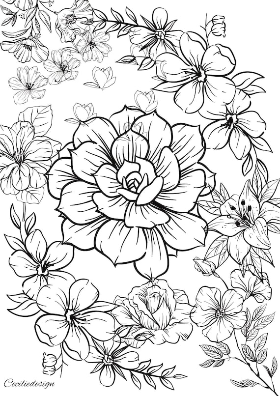 Coloring Pages Flower Design Etsy