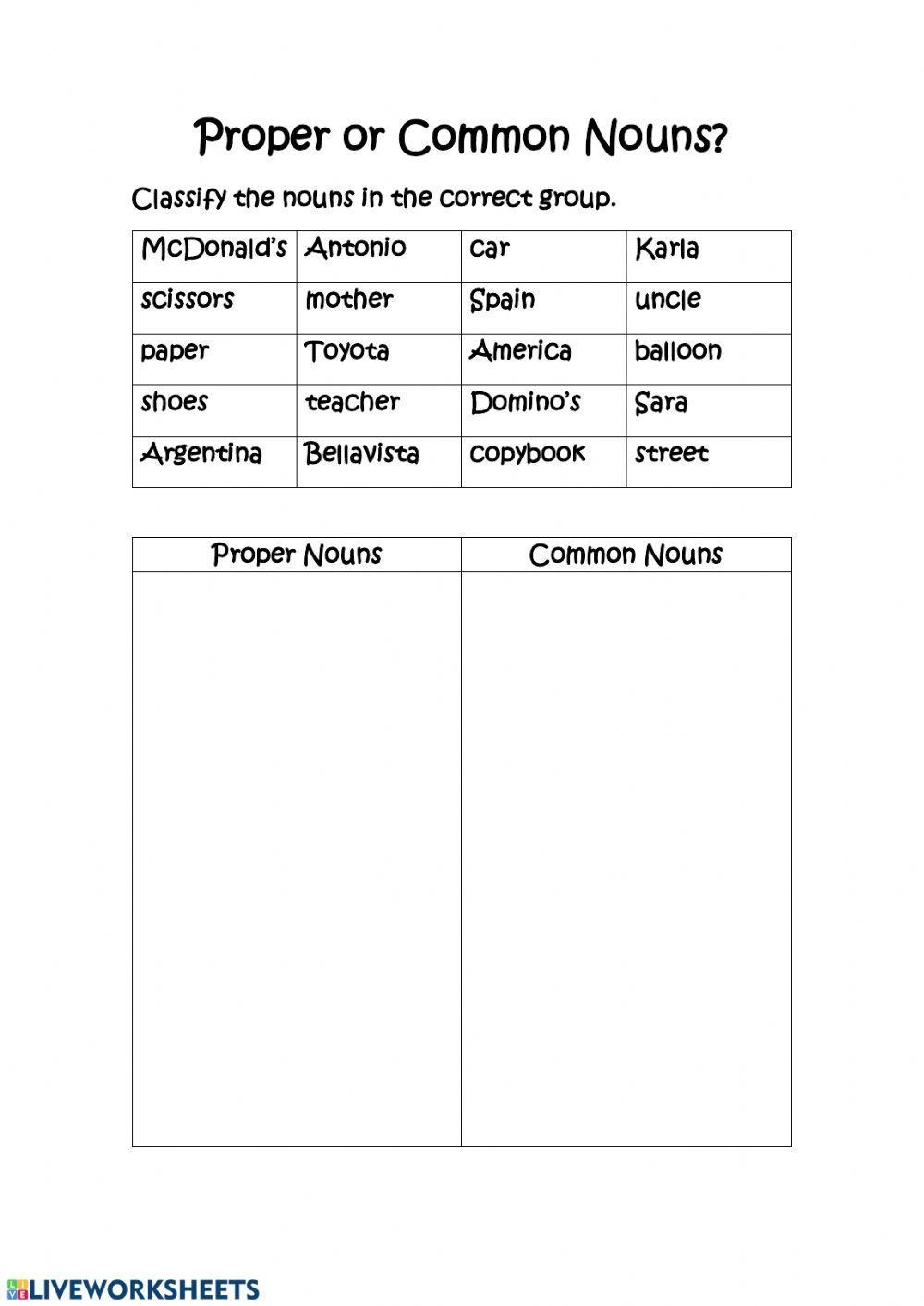 Common And Proper Nouns Worksheet Brainstorming Activity ALL ESL 