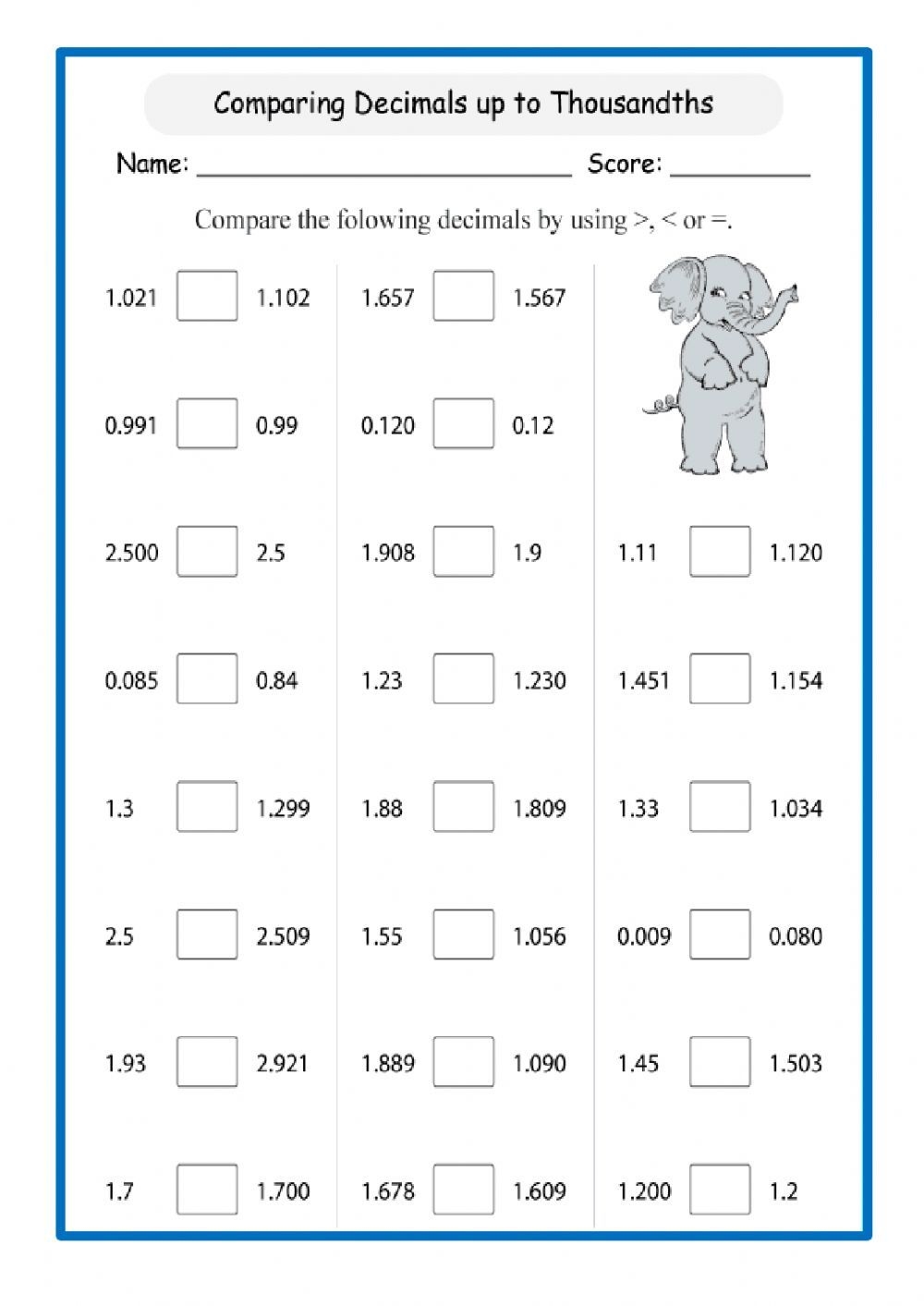 Comparing Decimals Worksheet With Elephant Illustration