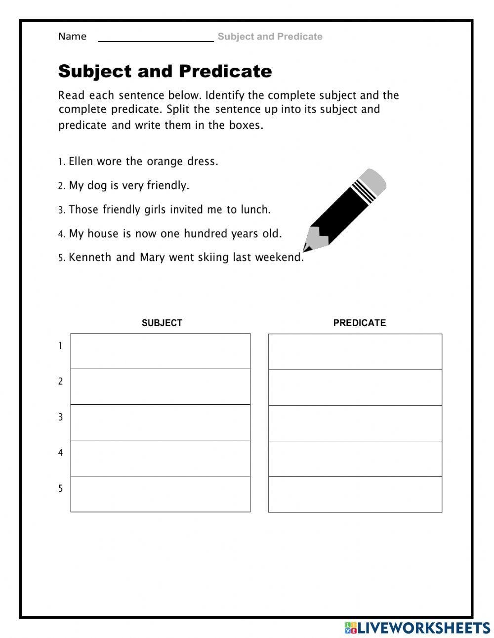 Complete And Simple Subject And Predicate Worksheet Live Worksheets 