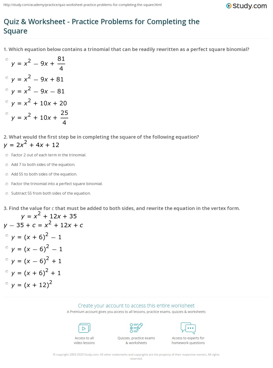 Completing The Square Practice Worksheet Wordworksheet