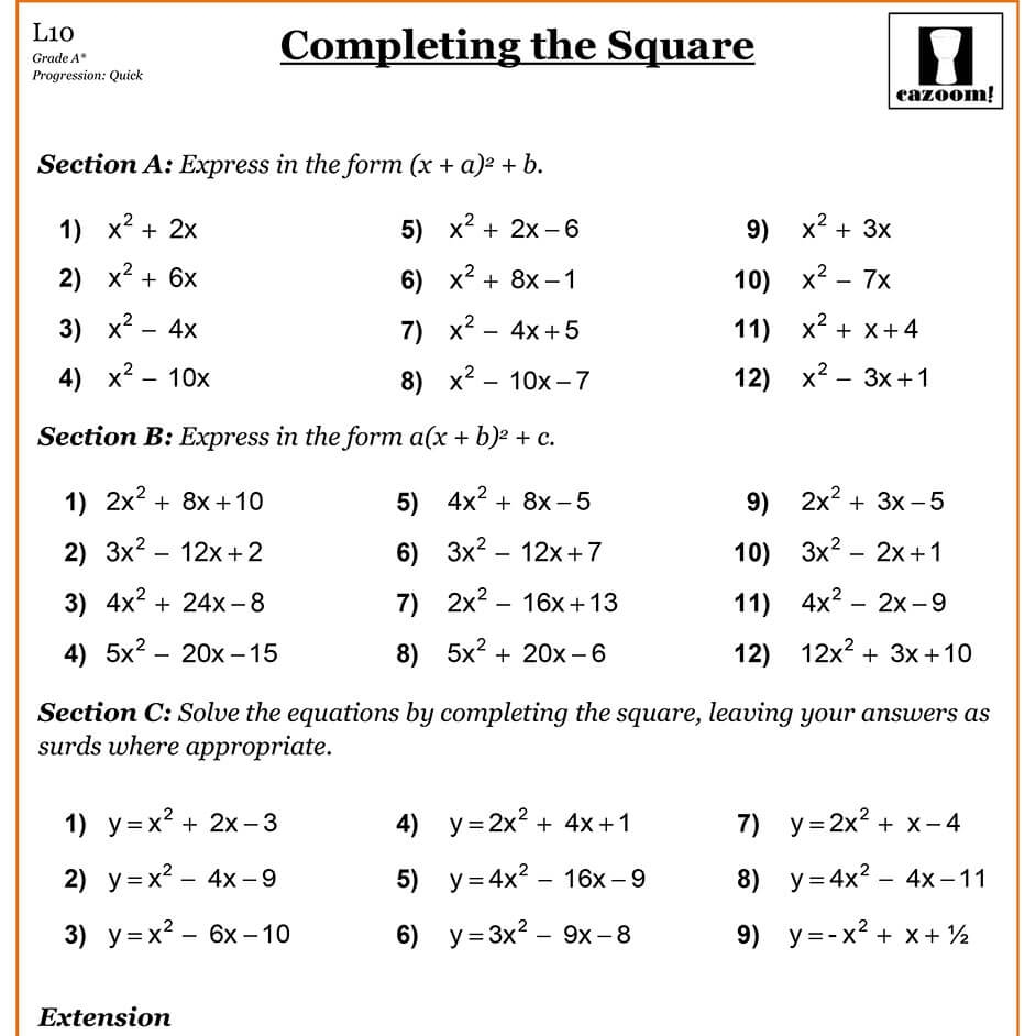 Completing The Square Worksheet Zip Worksheet
