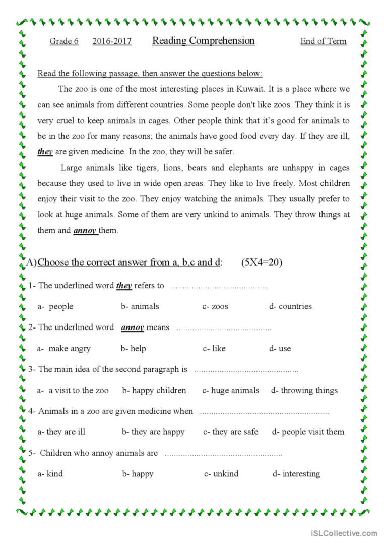 Comprehension Passage For Grade Ge English ESL 56 OFF