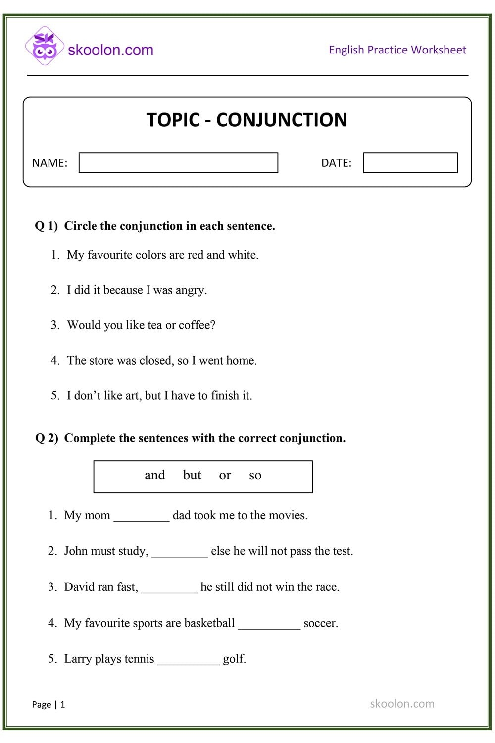 Conjunctions Skoolon Worksheets Library