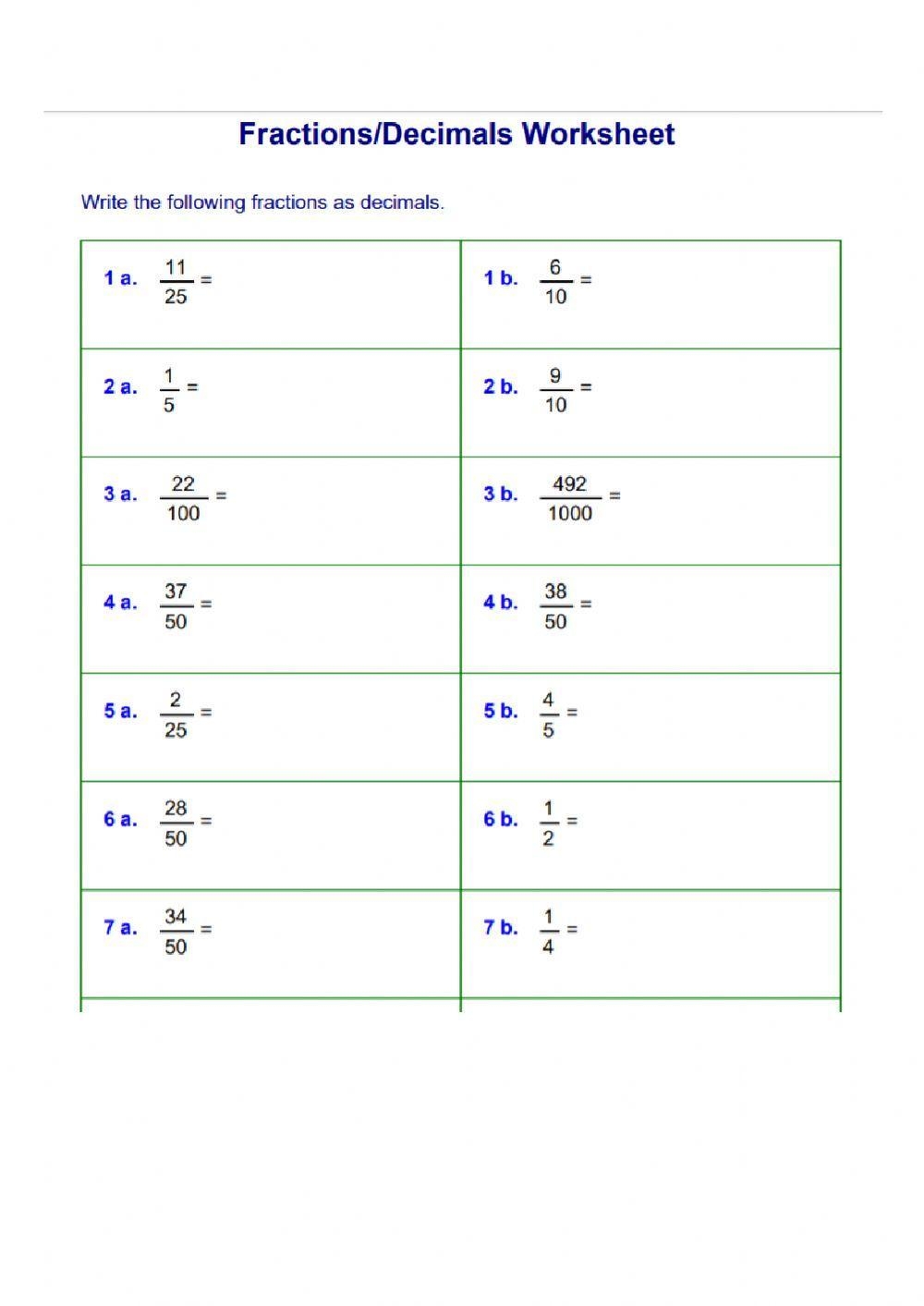 Convert Fractions To Decimals Worksheet Live Worksheets Worksheets 